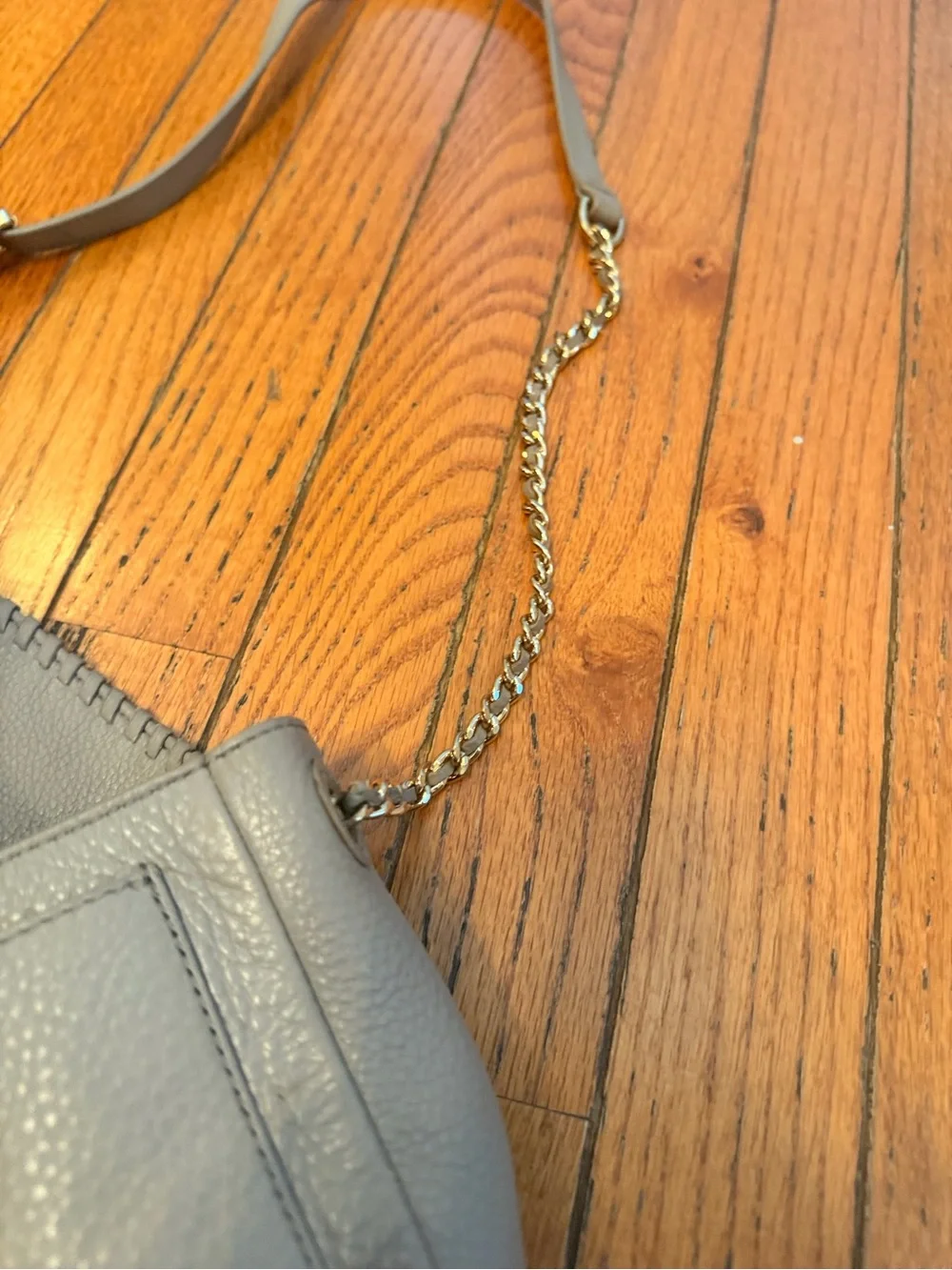 Tory Burch Gray Pebbled Leather Whipstitch Crossbody with Chain Strap